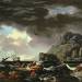 A Mediterranean coastal scene with ships foundering and castaways